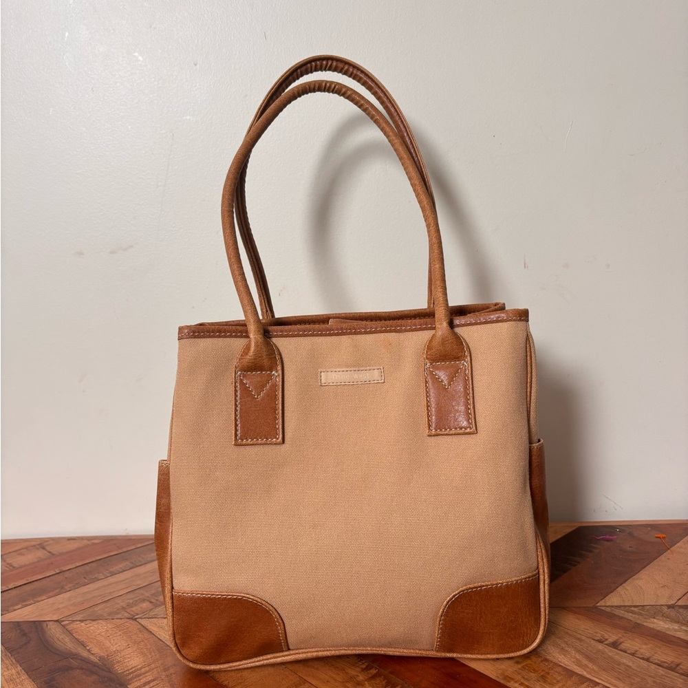 Vintage 1990s Nine West chestnut Leather cloth canvas handled clutch bag